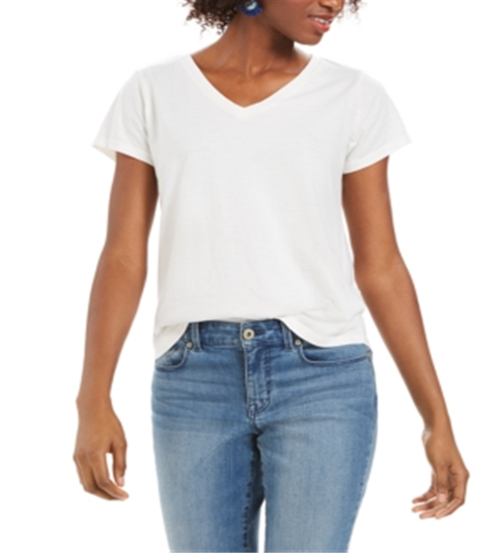 Style & Co Women's Burnout V Neck T-Shirt White Size X-Small