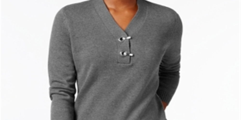 Karen Scott Women's  Hardware V-Neck Cotton Sweater  - Charcoal Heather Black Size Medium