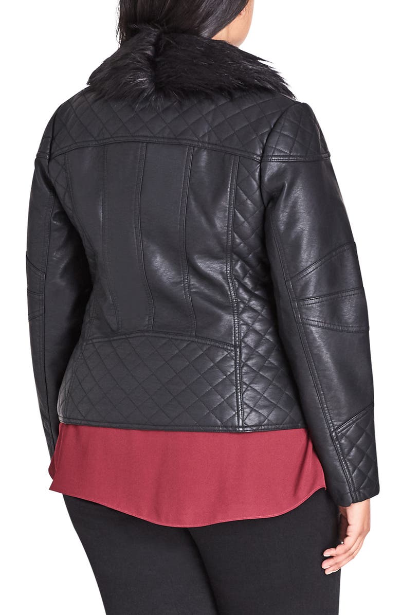 City Chic Women's Plus Panther Pleather Faux Fur Collar Jacket -Black Size S
