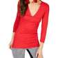 INC Women's Solid 3/4 Sleeve V Neck T-Shirt Top  Red Size  Petite L