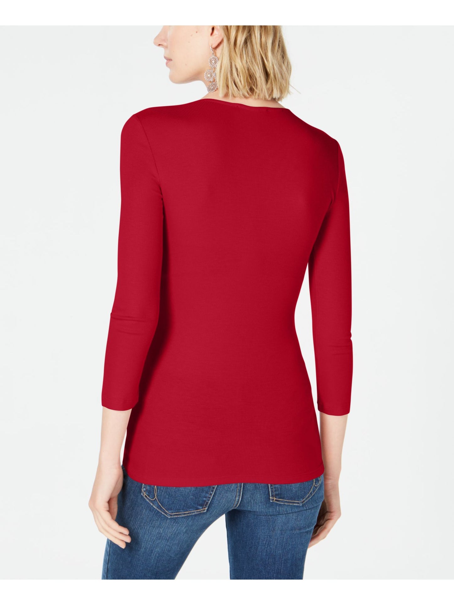 INC Women's Solid 3/4 Sleeve V Neck T-Shirt Top  Red Size  Petite L