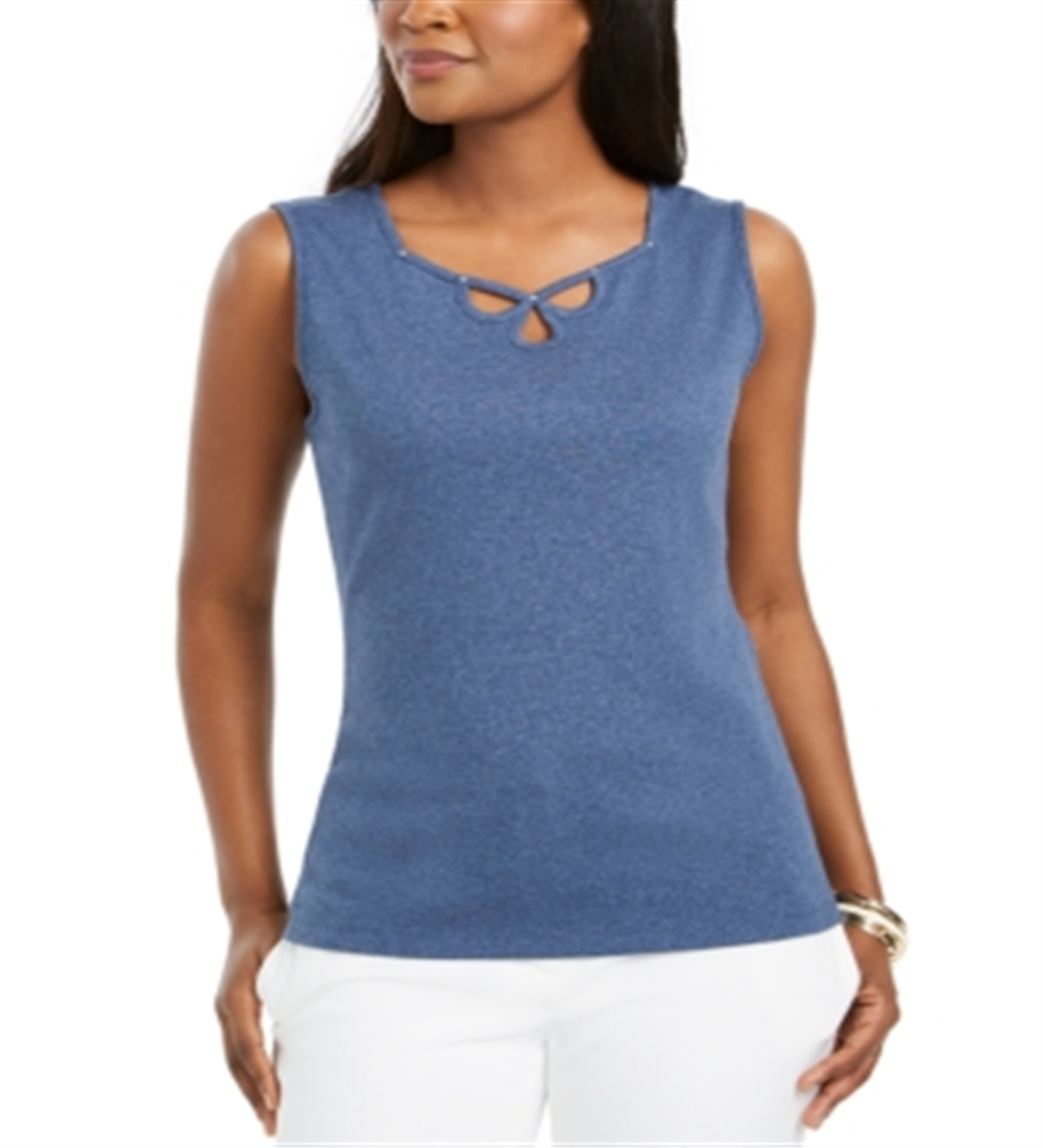 Karen Scott Women's Triple-Keyhole Studded Tank Top  Blue Size Medium