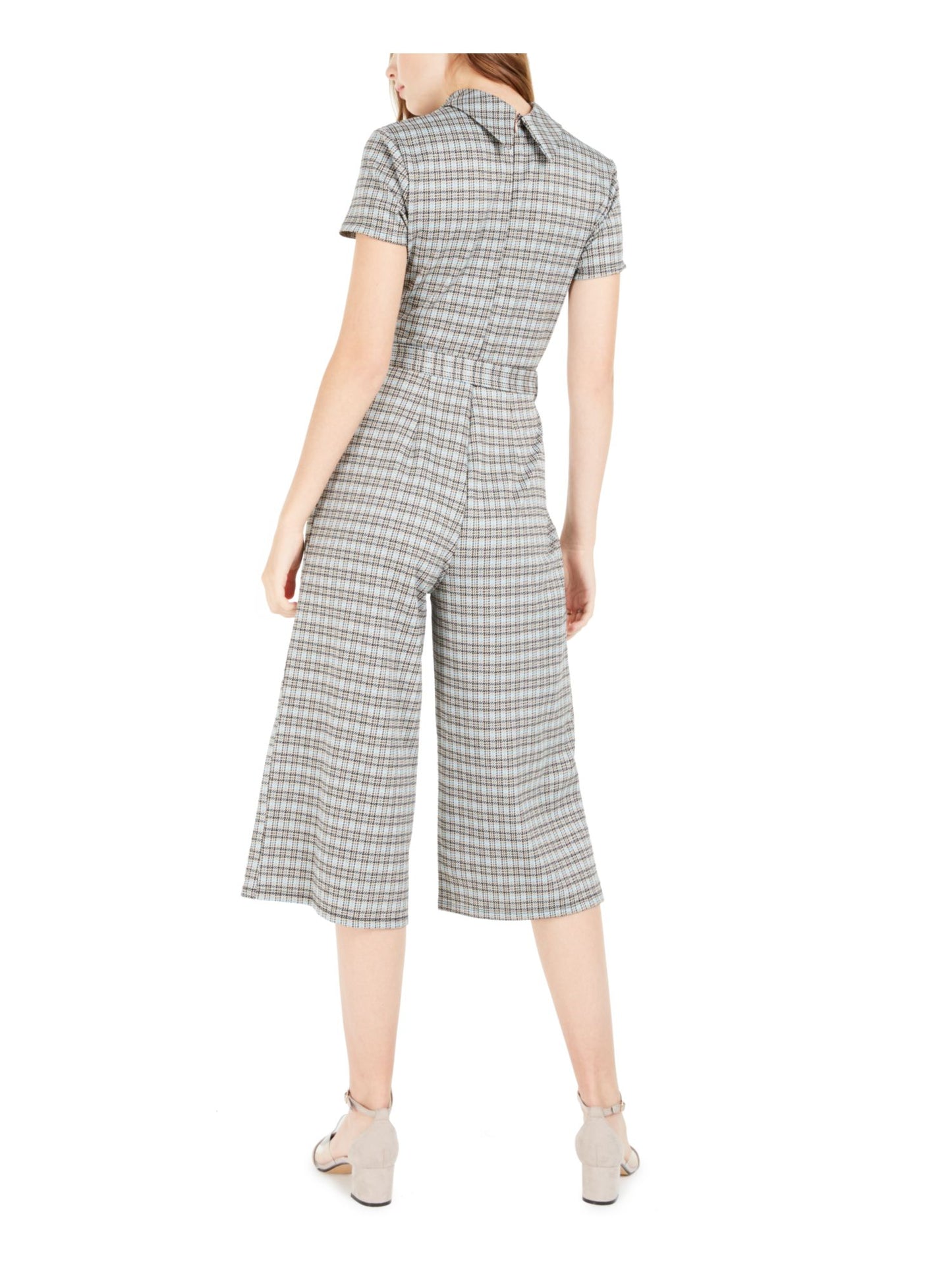 Bebop Women's Belted Plaid Short Sleeve Mock Jumpsuit Juniors Green Size Medium