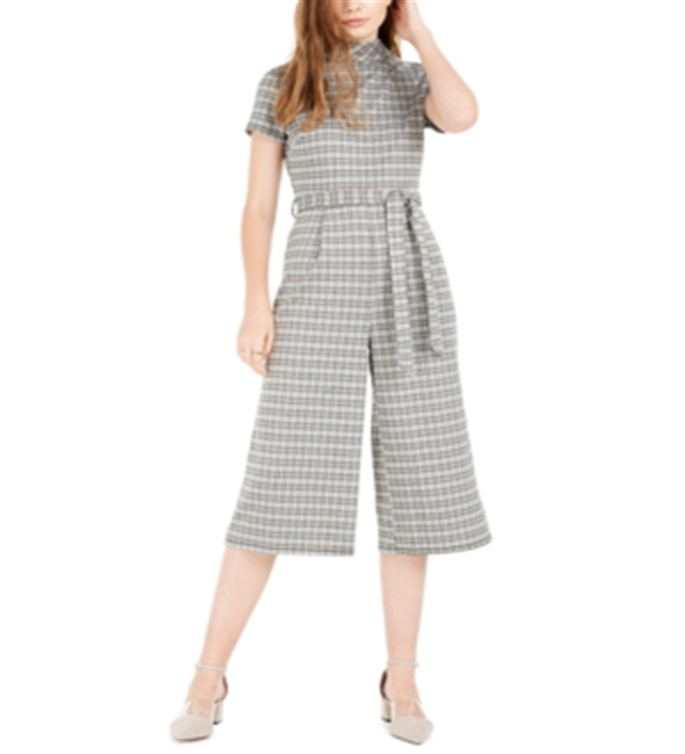 Bebop Women's Belted Plaid Short Sleeve Mock Jumpsuit Juniors Green Size Medium