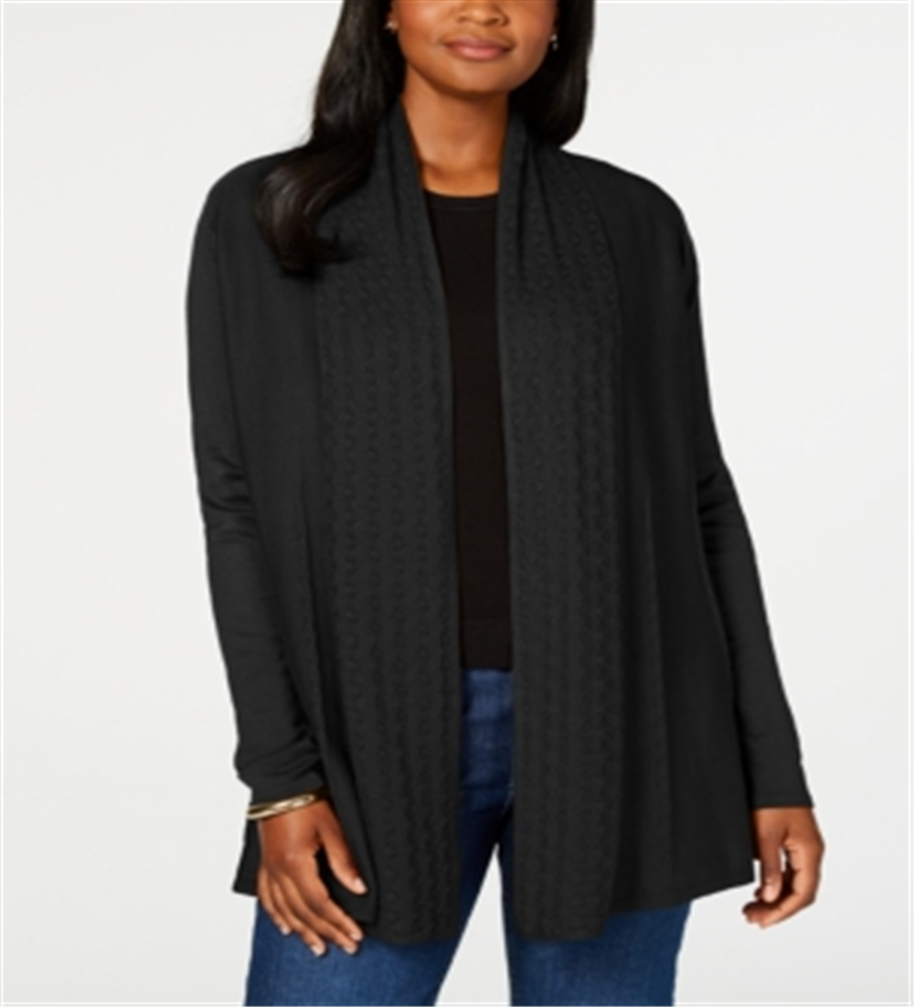 Karen Scott Women's Petite Pointelle-Collar Cardigan  Black Size Petite S