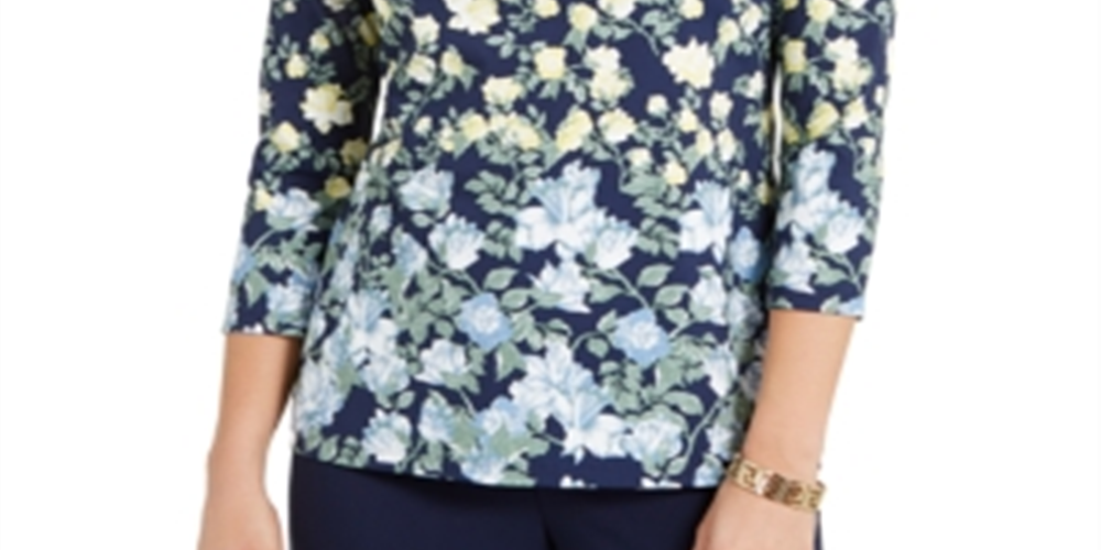 Charter Club Women's Floral-Print Boat-Neck Top  Blue Size Small