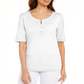 Karen Scott Women's Lace-up Elbow-Sleeve Top  White Size Large
