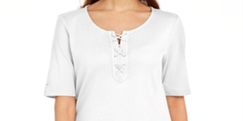 Karen Scott Women's Lace-up Elbow-Sleeve Top  White Size Large