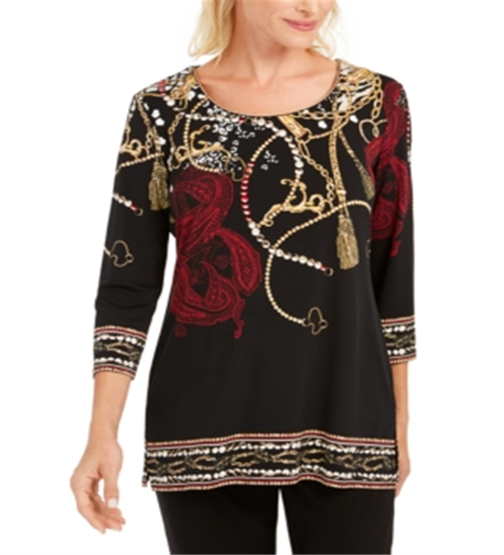 JM Collection Women's Printed Beaded Tunic  Black Size XS