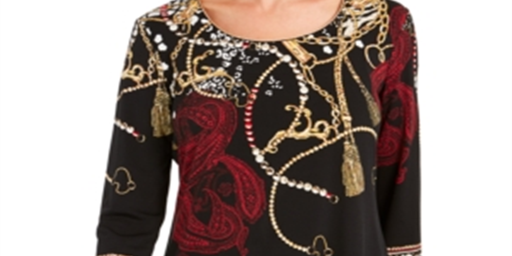 JM Collection Women's Printed Beaded Tunic  Black Size XS
