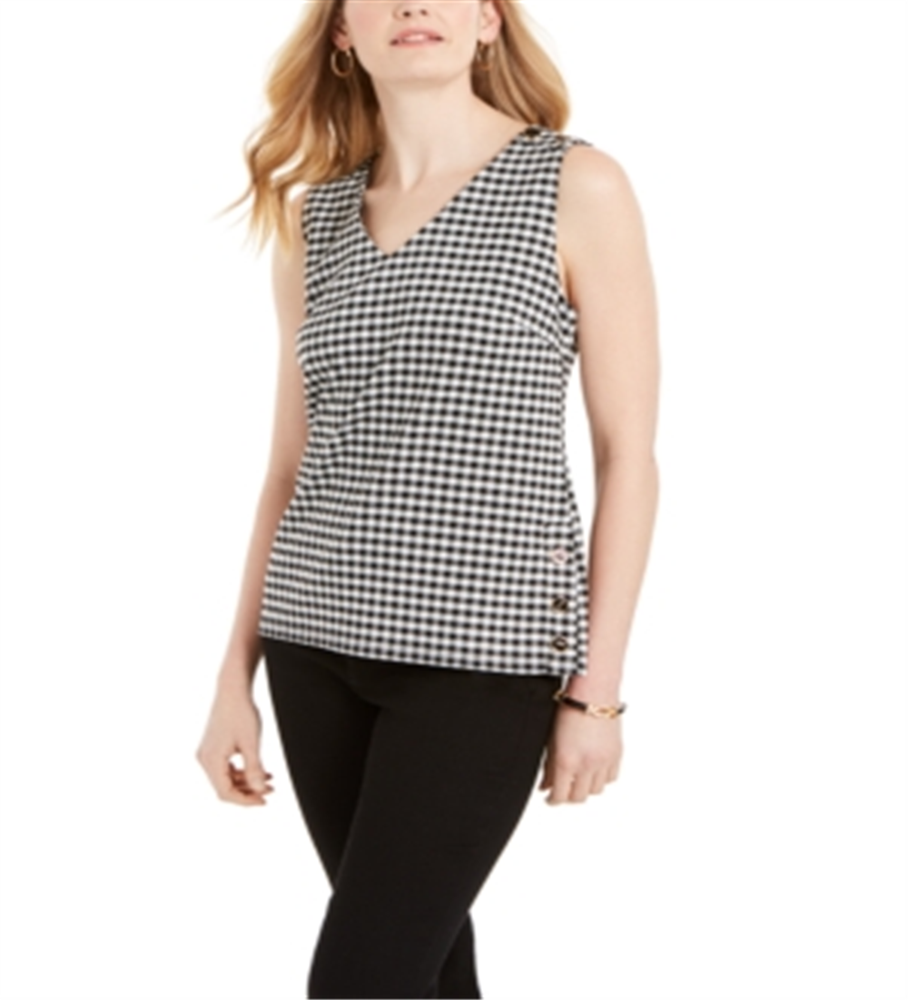 Charter Club Women's Gingham Print Button Side Top Black Size X-Small
