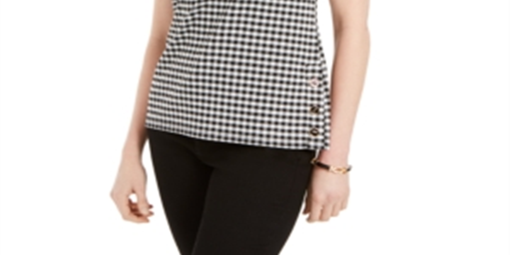 Charter Club Women's Gingham Print Button Side Top Black Size X-Small