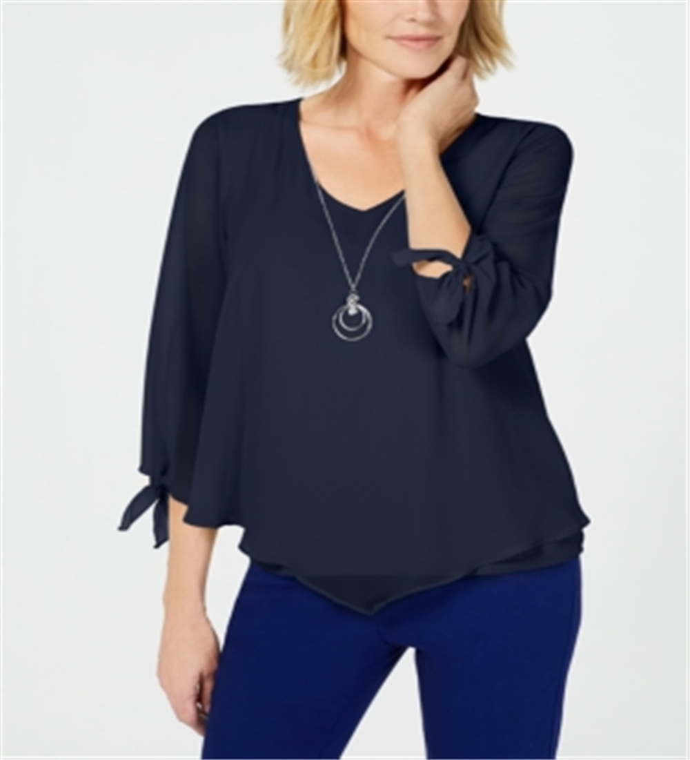 JM Collection Women's Chiffon Tie Cuff Top Blue Size Petite