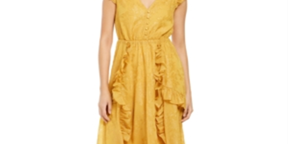 INC Women's Petite Burnout-Print MIDI Dress  Yellow Size Petite M
