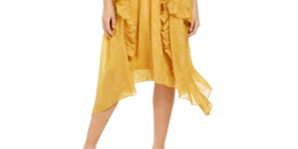 INC Women's Petite Burnout-Print MIDI Dress  Yellow Size Petite M