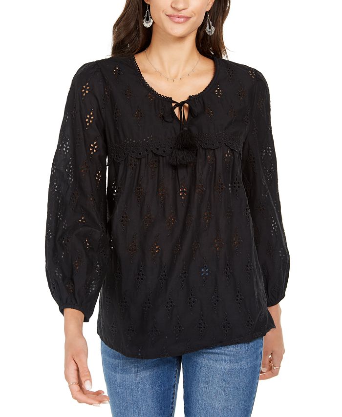 Style & Co Women's Eyelet Tassel Blouse Black Size Petite S