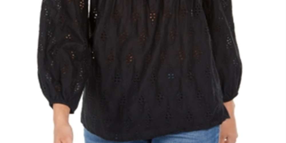 Style & Co Women's Eyelet Tassel Blouse Black Size Petite S