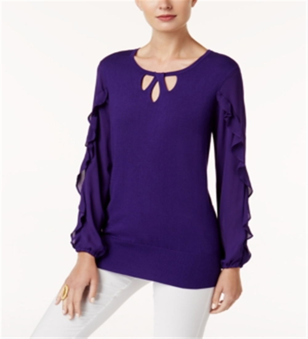 Alfani Keyhole Ruffle-Sleeve Sweater Black, Size 10