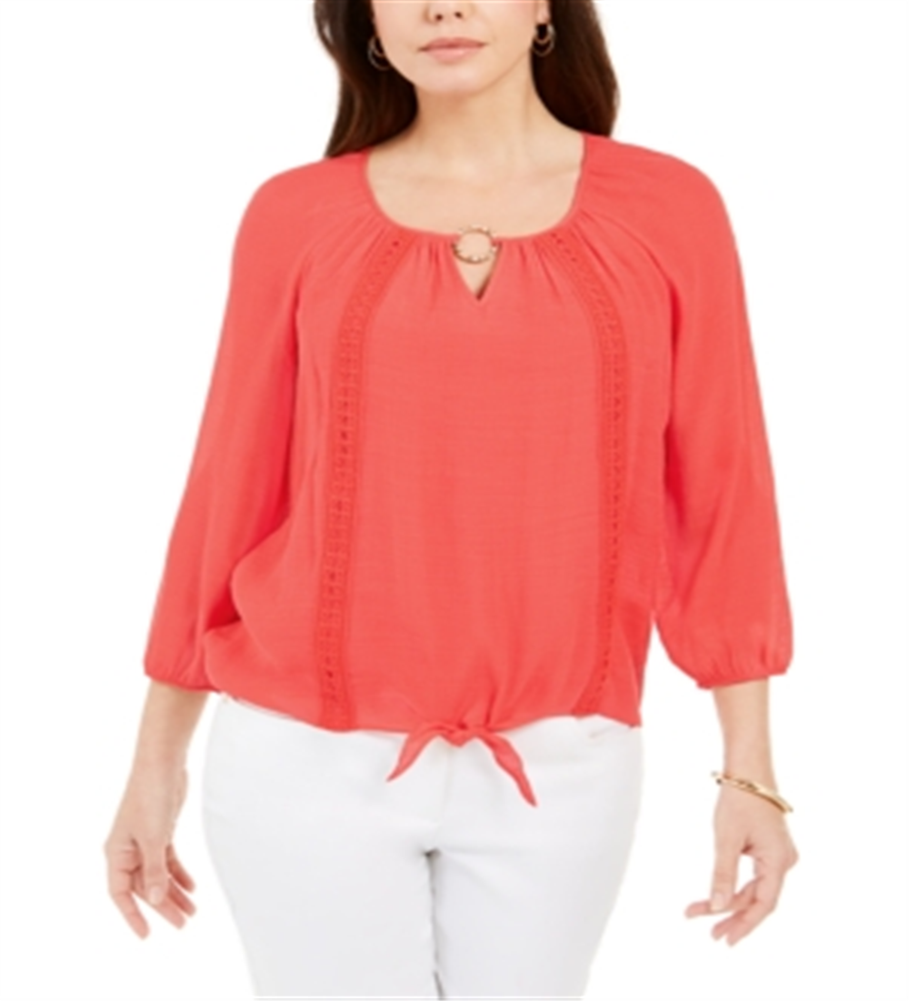 JM Collection Women's Crochet Trim Tie Top Red Size Medium