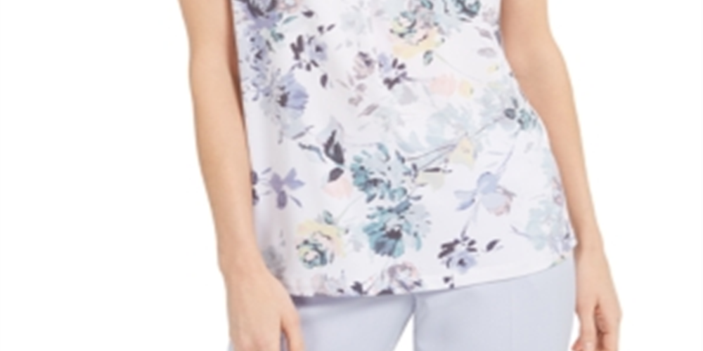 Calvin Klein Women's Floral Hardware Trim Pleat Neck Top White Size Petite M