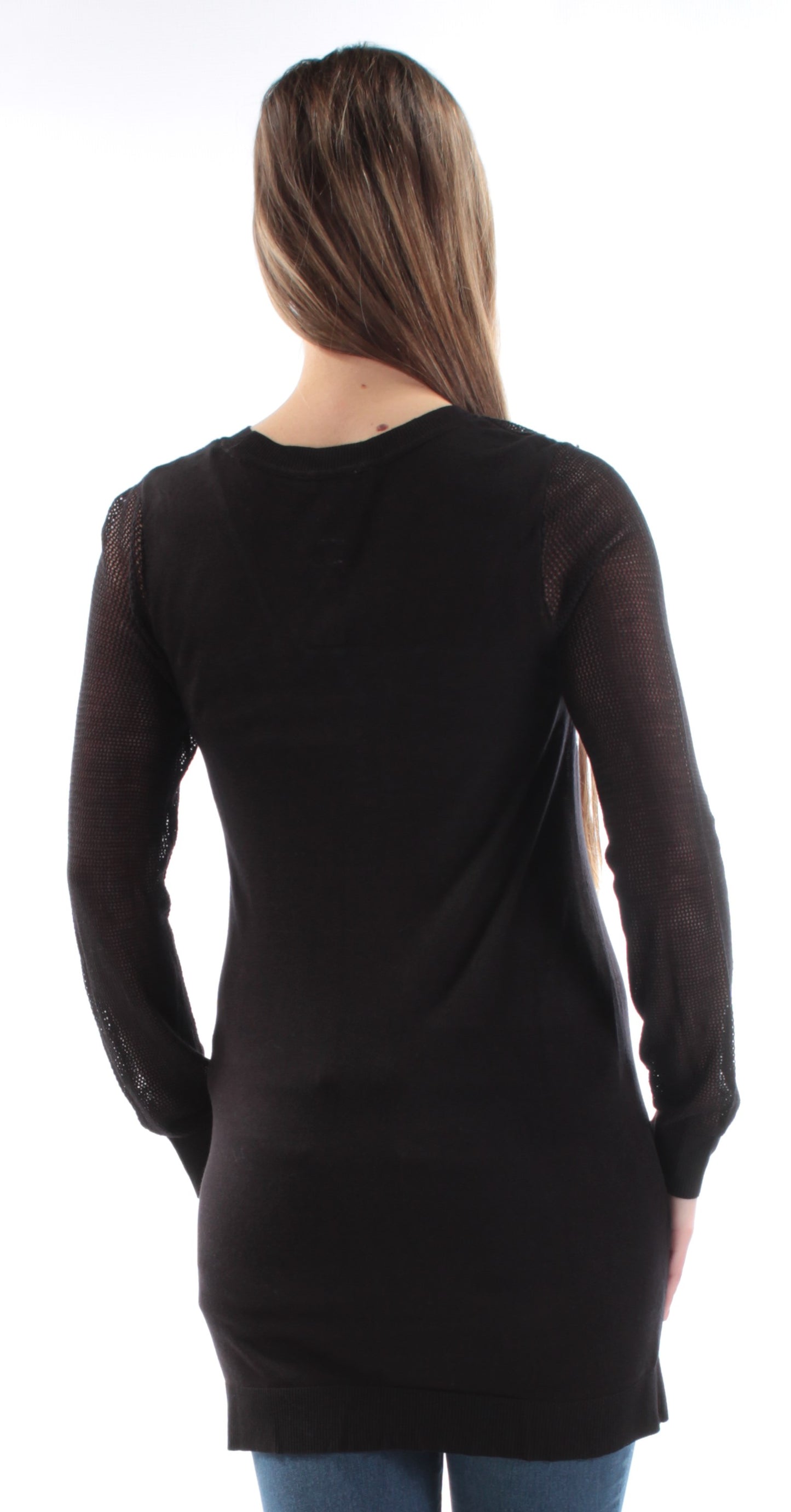 INC Women's Striped Long Sleeve Jewel Neck Tunic Sweater Black Size Medium
