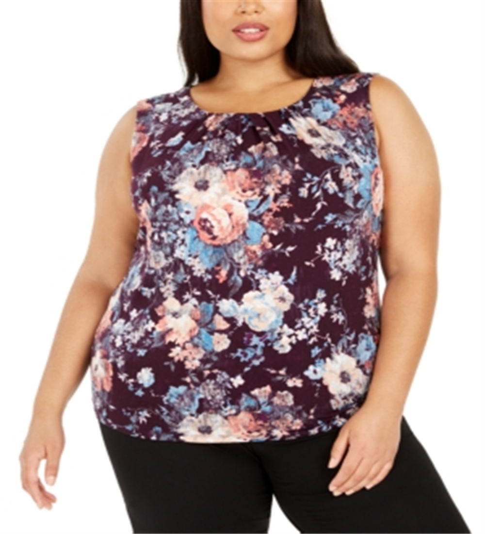 Calvin Klein Women's Plus Printed Pleat-Neck Top Aubergine MultiSize 3X