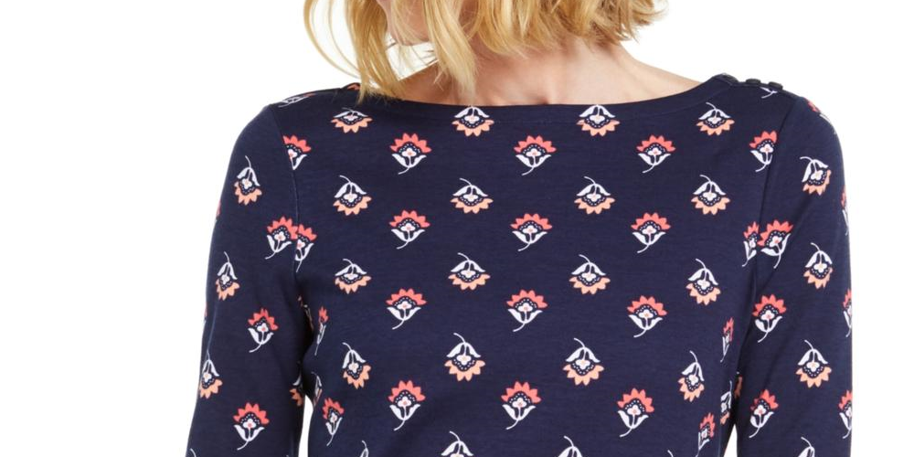 Charter Club Women's Floral Print Pima Cotton Top Navy Size Large