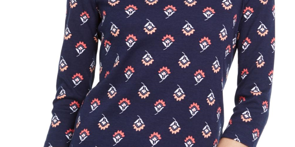 Charter Club Women's Floral Print Pima Cotton Top Navy Size Large