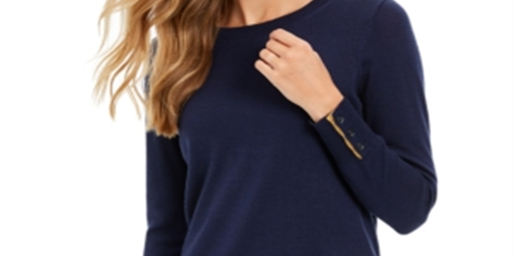 Charter Club Women's Merino Wool Button Cuff Crewneck Sweater Blue Size Large