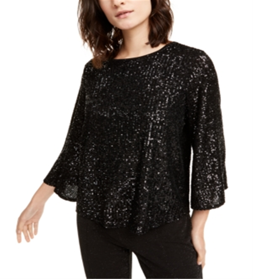 Alfani Women's Sequined Bell Sleeve Top Black Size Petite Small