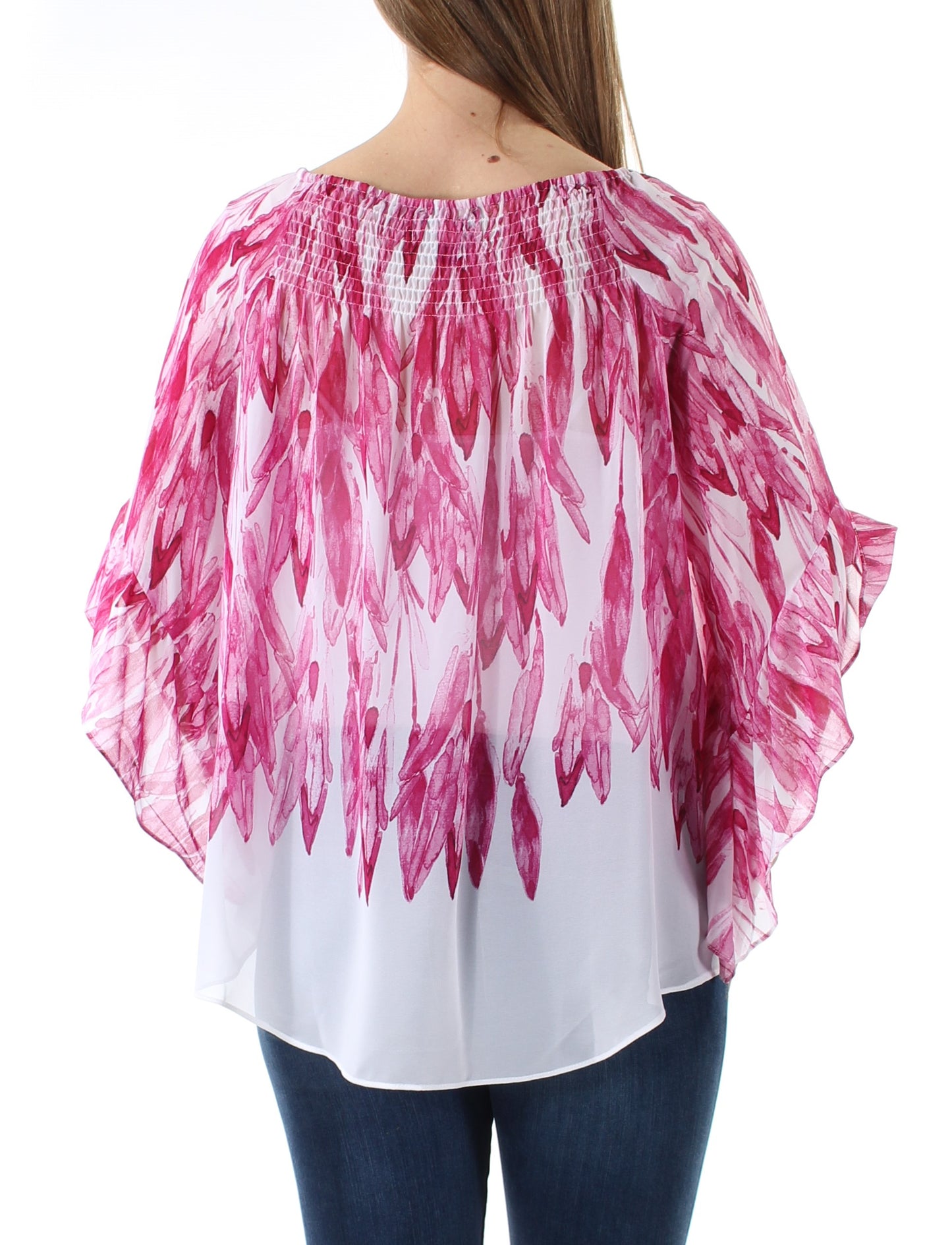 ALFANI Womens Pink Ruched Printed Kimono Sleeve Jewel Neck Top Petites Pink, Size Medium