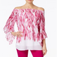 ALFANI Womens Pink Ruched Printed Kimono Sleeve Jewel Neck Top Petites Pink, Size Medium