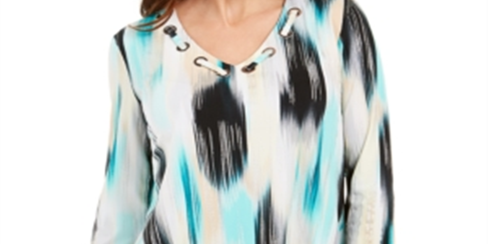 JM Collection Women's Petite Printed Grommet-Neck Top  Blue Size Petite M