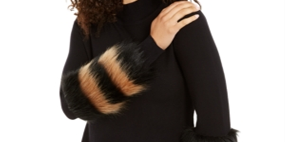 Alfani Women's Striped Faux Fur Cuff Sweater Black Size XX-Large