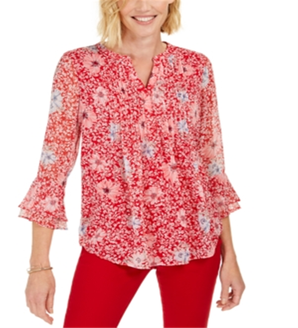 Charter Club Women's Printed Split Neck Top Red Size Large
