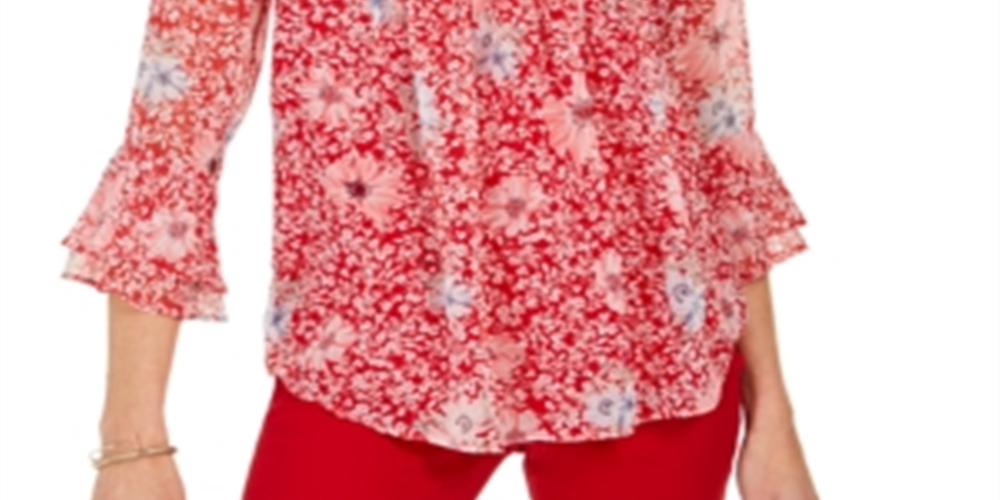 Charter Club Women's Printed Split Neck Top Red Size Large