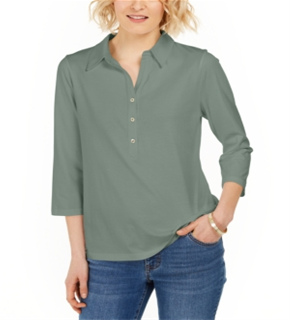 Charter Club Women's Supima Cotton 3/4 Sleeve Polo Shirt Green Size X-Small
