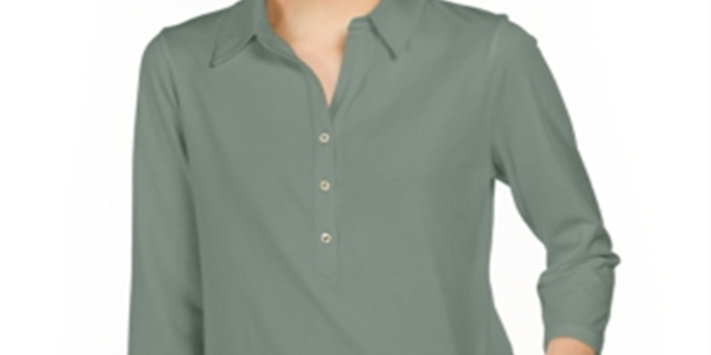 Charter Club Women's Supima Cotton 3/4 Sleeve Polo Shirt Green Size X-Small