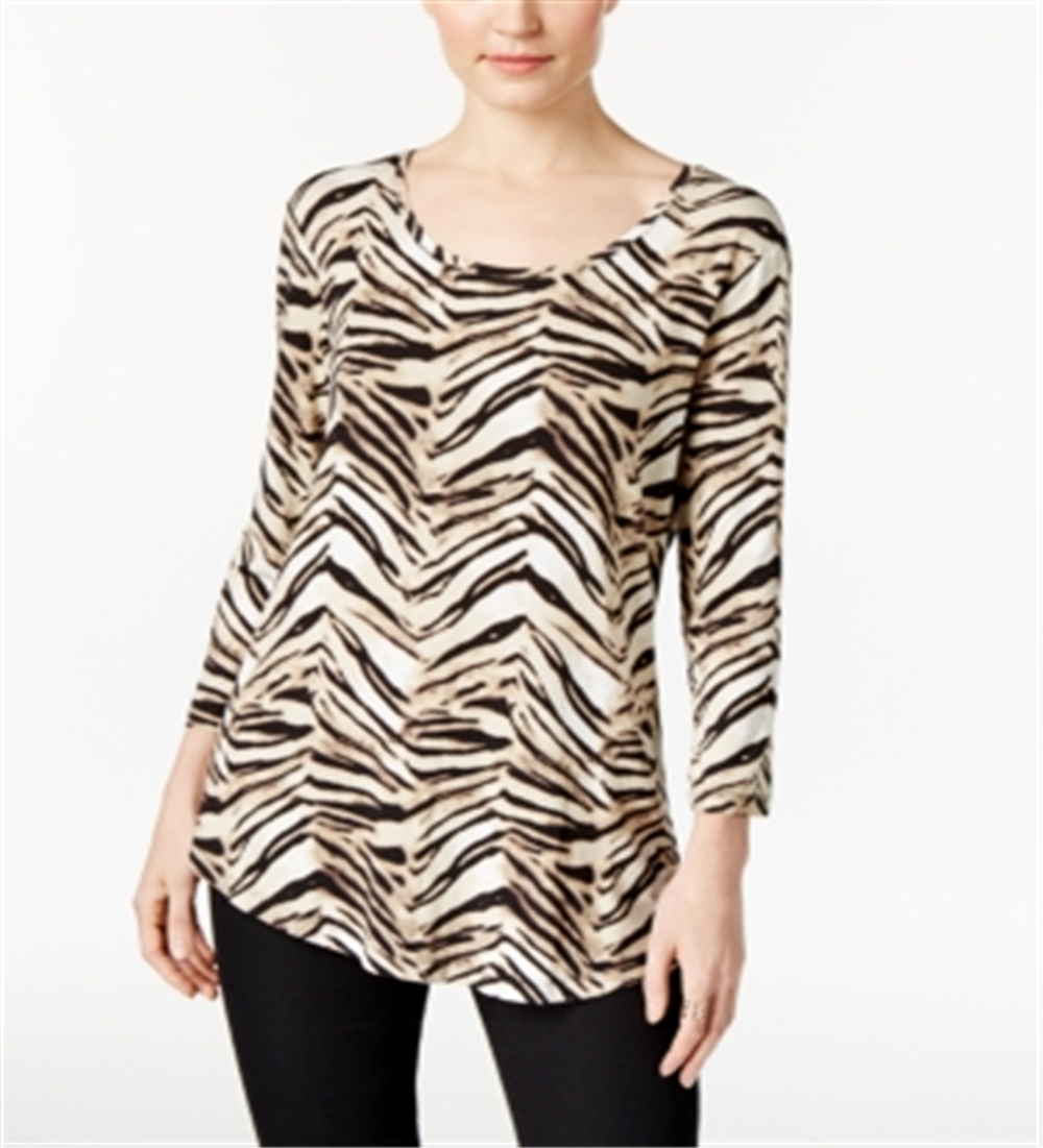 JM Collection Women's Printed 3/4 Sleeve Top Brown Size Petite Medium