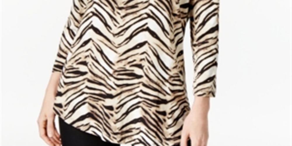 JM Collection Women's Printed 3/4 Sleeve Top Brown Size Petite Medium