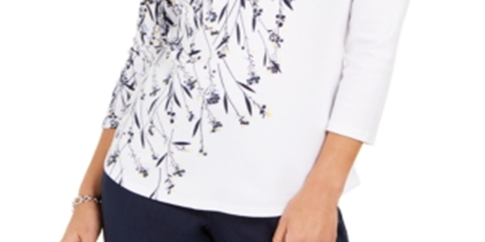 Charter Club Women's Printed Boat Neck Pima Cotton Top White Size X-Large