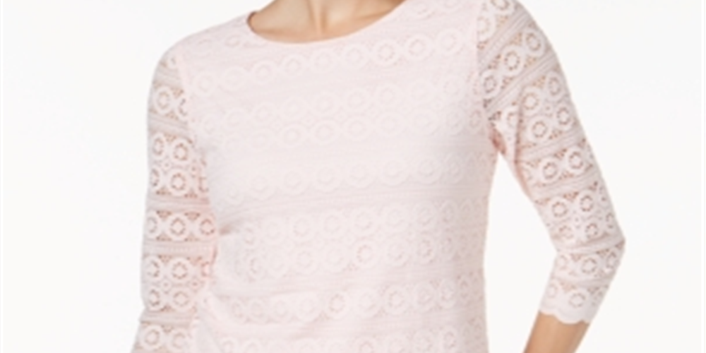 Charter Club Women's Petite Lace 3/4-Sleeve Top  Pink Size Petite XL