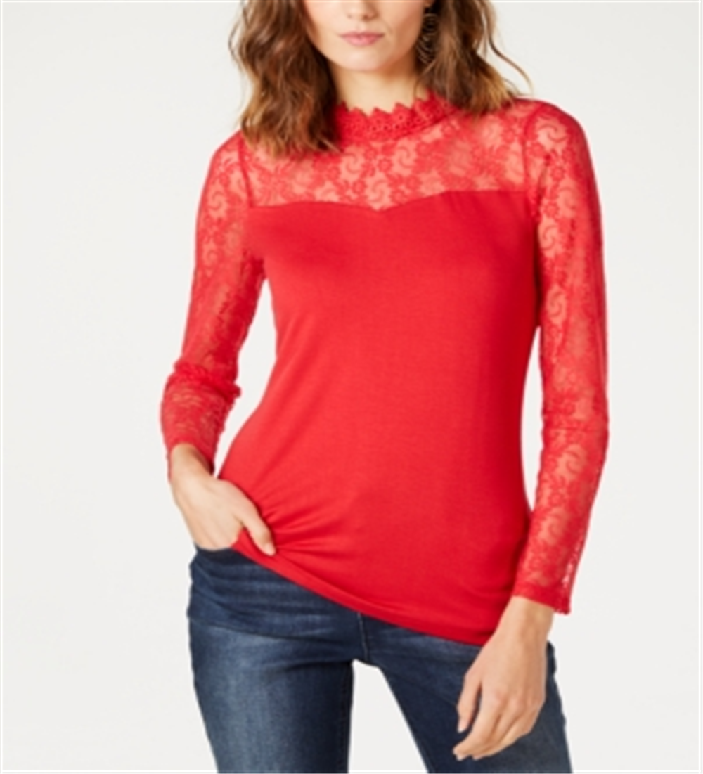 INC Women's  Petite Lace-Yolk Top  Red Size Petite S