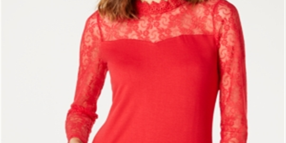 INC Women's  Petite Lace-Yolk Top  Red Size Petite S