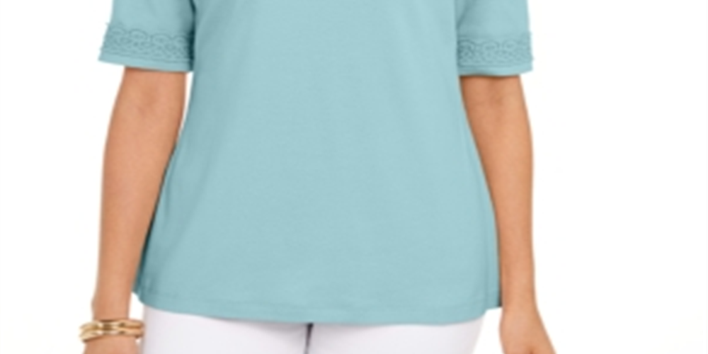 Karen Scott Women's Crochet-Trim Top  Blue Size Small