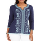 Charter Club Women's Embroidered Split Neck Tunic Blue Size X-Large