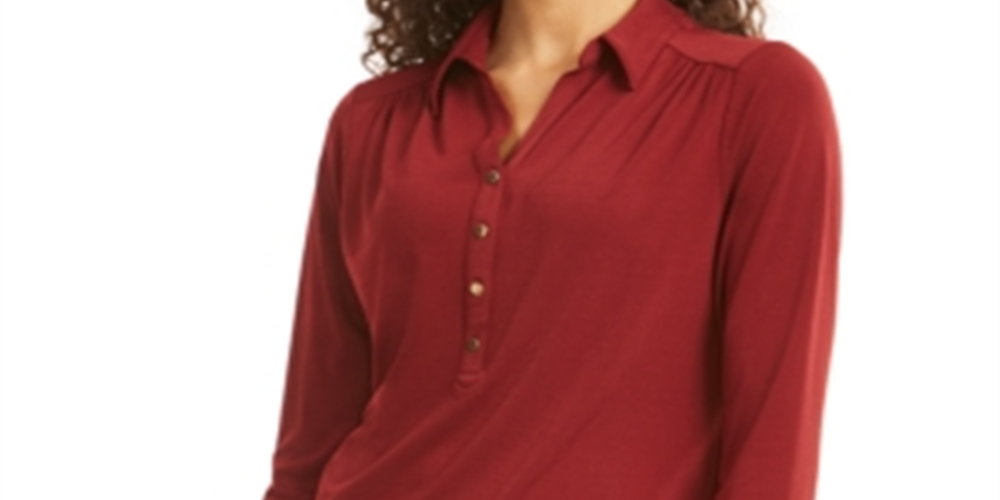 Charter Club Women's 3/4 Sleeve Polo Top Red Size Petite