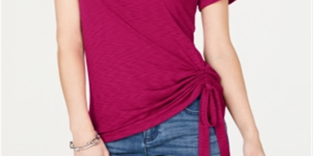 INC Women's Petite Side-Ruched T-Shirt  Pink Size Petite S