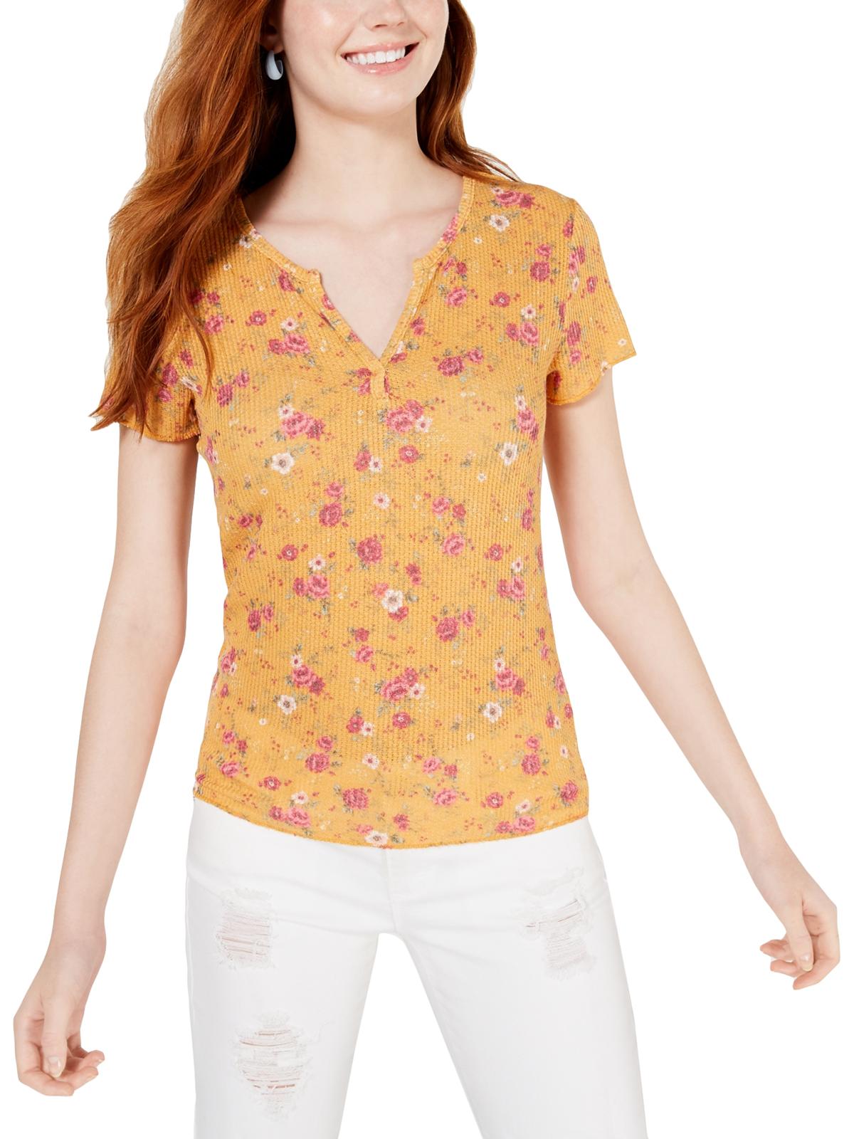 Ultra Flirt Women's Juniors Waffle Lace Back Pullover Top Gold Size Medium