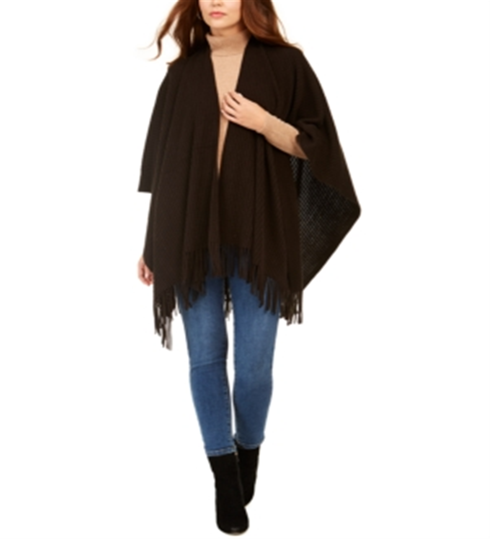 Ribbed Fringe Ruana Wrap -Black One Size